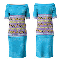 Hawaii Humuhumu Fish Maile Pikake Lei Couples Matching Puletasi and Long Sleeve Button Shirt Tribal Tapa Blue Version