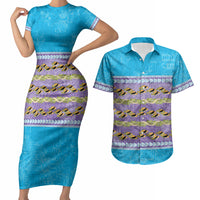 Hawaii Humuhumu Fish Maile Pikake Lei Couples Matching Short Sleeve Bodycon Dress and Hawaiian Shirt Tribal Tapa Blue Version