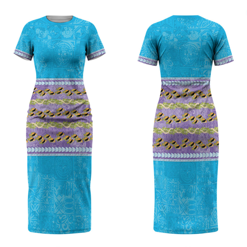 Hawaii Humuhumu Fish Maile Pikake Lei Couples Matching Short Sleeve Bodycon Dress and Hawaiian Shirt Tribal Tapa Blue Version