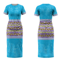 Hawaii Humuhumu Fish Maile Pikake Lei Couples Matching Short Sleeve Bodycon Dress and Hawaiian Shirt Tribal Tapa Blue Version