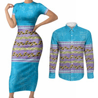 Hawaii Humuhumu Fish Maile Pikake Lei Couples Matching Short Sleeve Bodycon Dress and Long Sleeve Button Shirt Tribal Tapa Blue Version