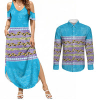 Hawaii Humuhumu Fish Maile Pikake Lei Couples Matching Summer Maxi Dress and Long Sleeve Button Shirt Tribal Tapa Blue Version