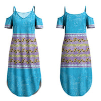 Hawaii Humuhumu Fish Maile Pikake Lei Couples Matching Summer Maxi Dress and Long Sleeve Button Shirt Tribal Tapa Blue Version