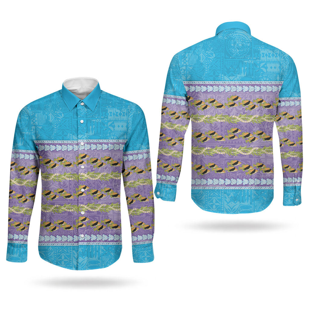 Hawaii Humuhumu Fish Maile Pikake Lei Couples Matching Tank Maxi Dress and Long Sleeve Button Shirt Tribal Tapa Blue Version