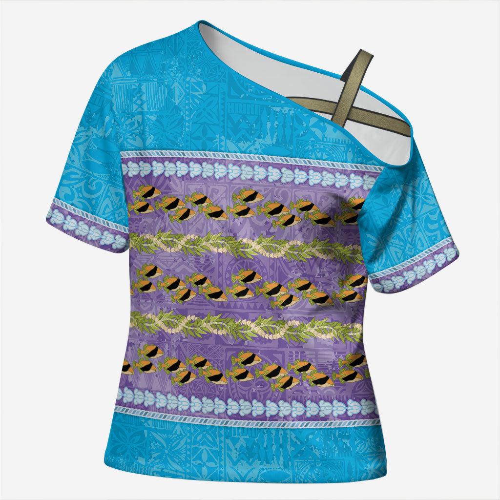 Hawaii Humuhumu Fish Maile Pikake Lei Cross Shoulder Shirt Tribal Tapa Blue Version