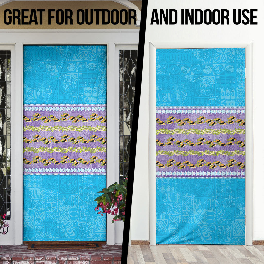 Hawaii Humuhumu Fish Maile Pikake Lei Door Cover Tribal Tapa Blue Version