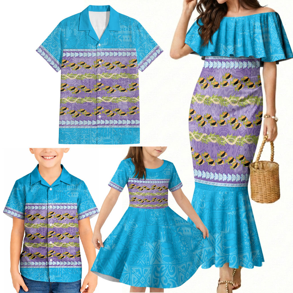 Hawaii Humuhumu Fish Maile Pikake Lei Family Matching Mermaid Dress and Hawaiian Shirt Tribal Tapa Blue Version