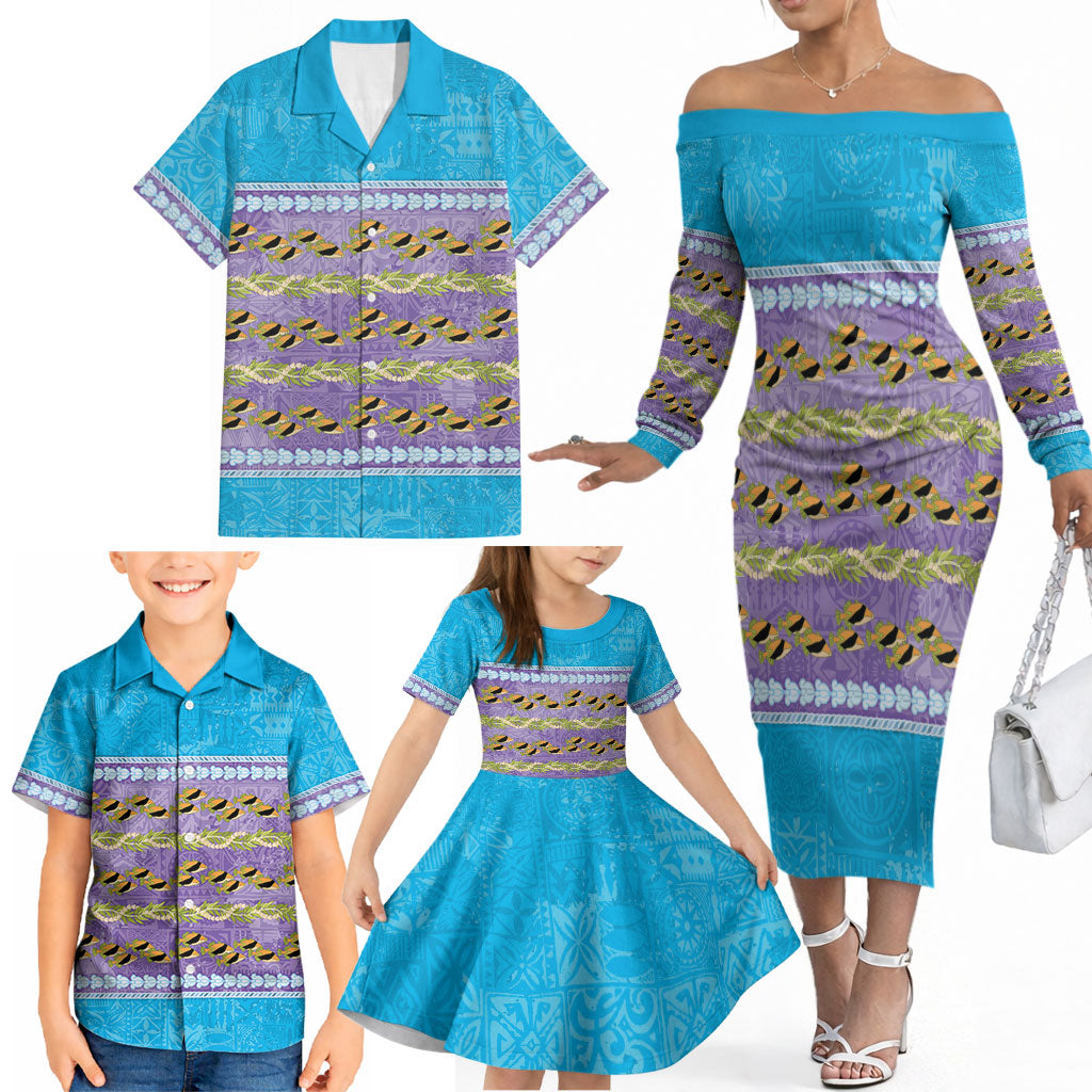 Hawaii Humuhumu Fish Maile Pikake Lei Family Matching Off The Shoulder Long Sleeve Dress and Hawaiian Shirt Tribal Tapa Blue Version