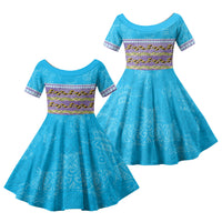 Hawaii Humuhumu Fish Maile Pikake Lei Family Matching Off The Shoulder Long Sleeve Dress and Hawaiian Shirt Tribal Tapa Blue Version