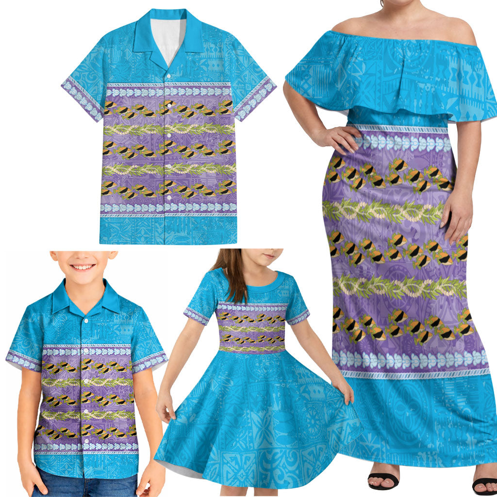 Hawaii Humuhumu Fish Maile Pikake Lei Family Matching Off Shoulder Maxi Dress and Hawaiian Shirt Tribal Tapa Blue Version