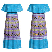 Hawaii Humuhumu Fish Maile Pikake Lei Family Matching Off Shoulder Maxi Dress and Hawaiian Shirt Tribal Tapa Blue Version