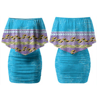 Hawaii Humuhumu Fish Maile Pikake Lei Family Matching Off Shoulder Short Dress and Hawaiian Shirt Tribal Tapa Blue Version