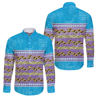 Hawaii Humuhumu Fish Maile Pikake Lei Family Matching Off Shoulder Short Dress and Hawaiian Shirt Tribal Tapa Blue Version