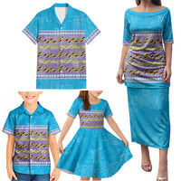 Hawaii Humuhumu Fish Maile Pikake Lei Family Matching Puletasi and Hawaiian Shirt Tribal Tapa Blue Version