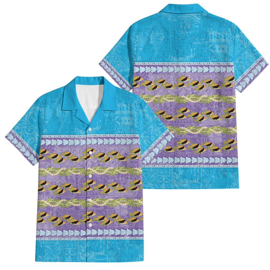 Hawaii Humuhumu Fish Maile Pikake Lei Family Matching Puletasi and Hawaiian Shirt Tribal Tapa Blue Version