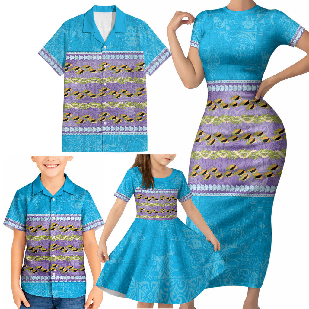 Hawaii Humuhumu Fish Maile Pikake Lei Family Matching Short Sleeve Bodycon Dress and Hawaiian Shirt Tribal Tapa Blue Version
