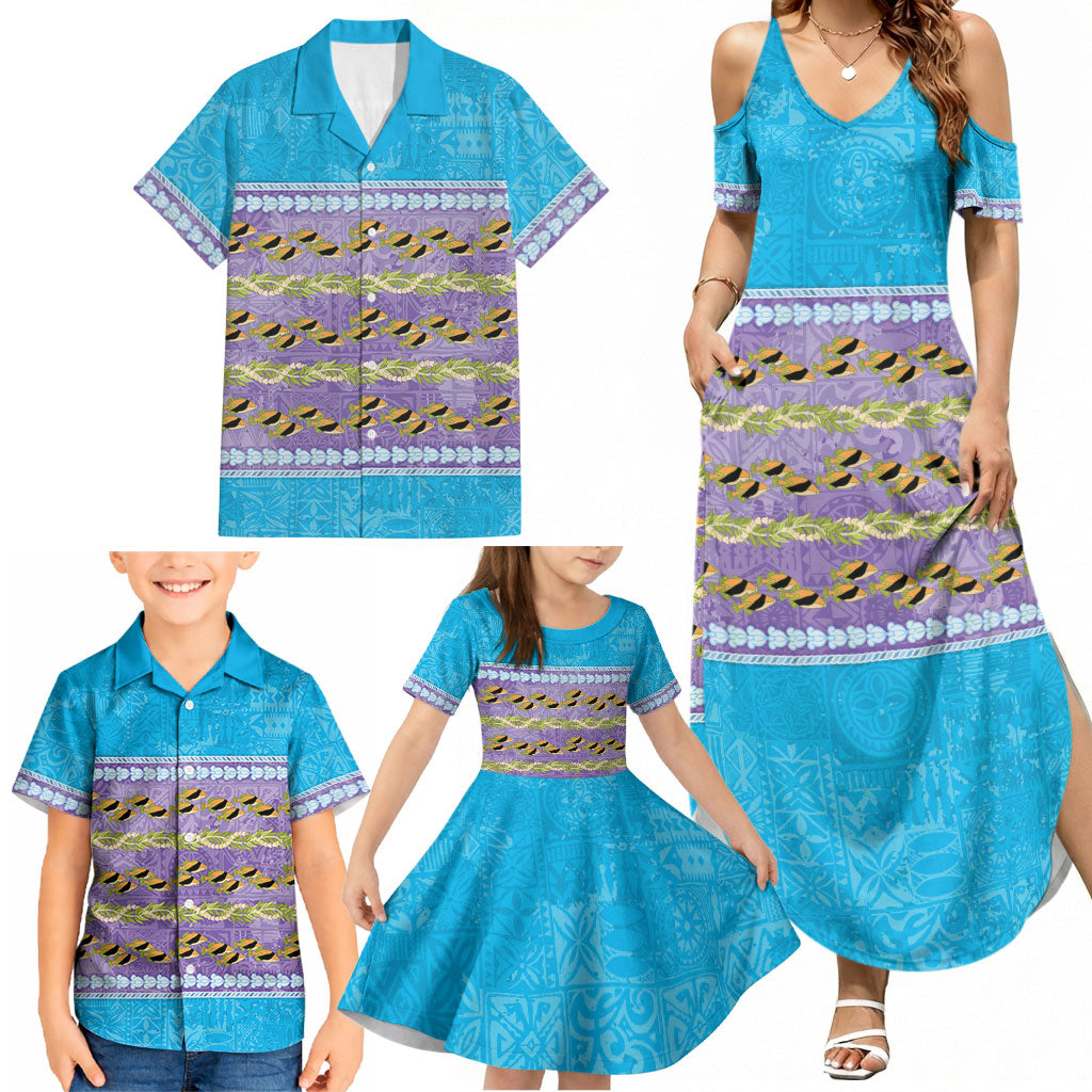 Hawaii Humuhumu Fish Maile Pikake Lei Family Matching Summer Maxi Dress and Hawaiian Shirt Tribal Tapa Blue Version LT05 - Polynesian Pride