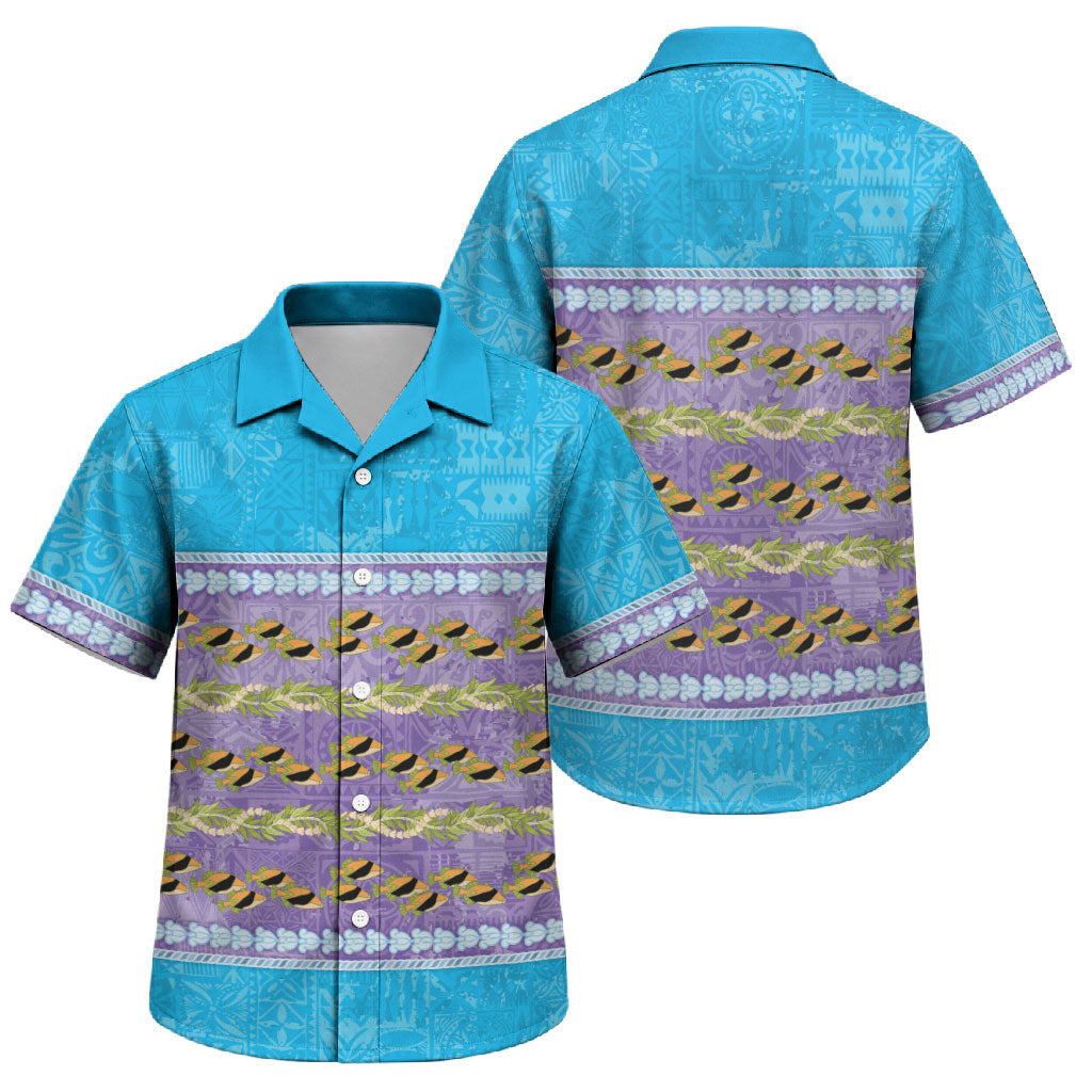 Hawaii Humuhumu Fish Maile Pikake Lei Family Matching Summer Maxi Dress and Hawaiian Shirt Tribal Tapa Blue Version