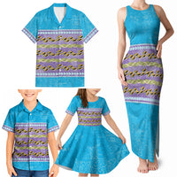 Hawaii Humuhumu Fish Maile Pikake Lei Family Matching Tank Maxi Dress and Hawaiian Shirt Tribal Tapa Blue Version