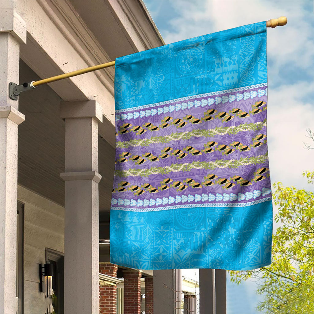 Hawaii Humuhumu Fish Maile Pikake Lei Garden Flag Tribal Tapa Blue Version