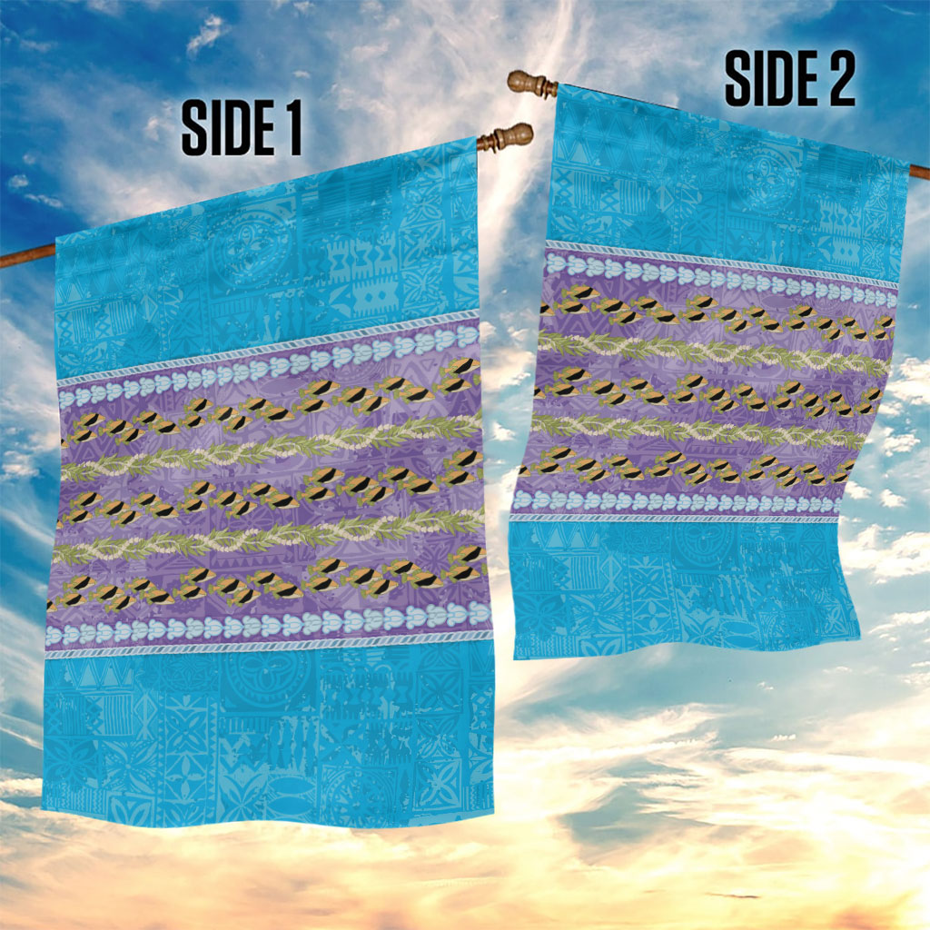 Hawaii Humuhumu Fish Maile Pikake Lei Garden Flag Tribal Tapa Blue Version