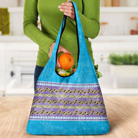 Hawaii Humuhumu Fish Maile Pikake Lei Grocery Bag Tribal Tapa Blue Version