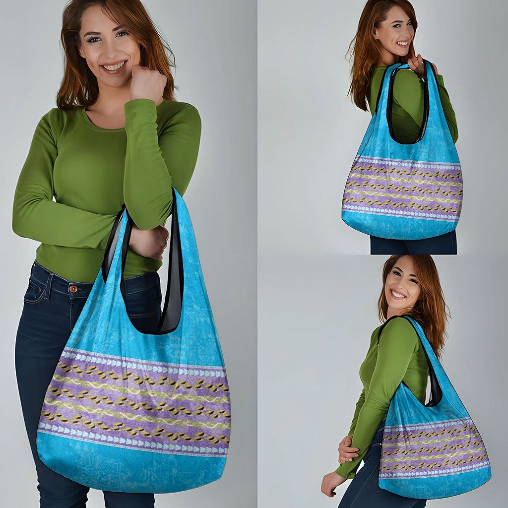 Hawaii Humuhumu Fish Maile Pikake Lei Grocery Bag Tribal Tapa Blue Version