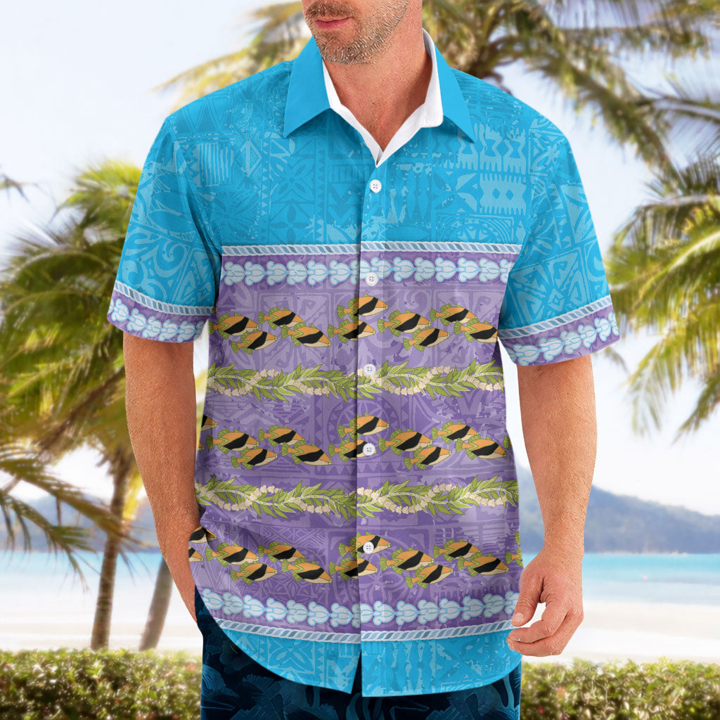 Hawaii Humuhumu Fish Maile Pikake Lei Hawaiian Shirt Tribal Tapa Blue Version