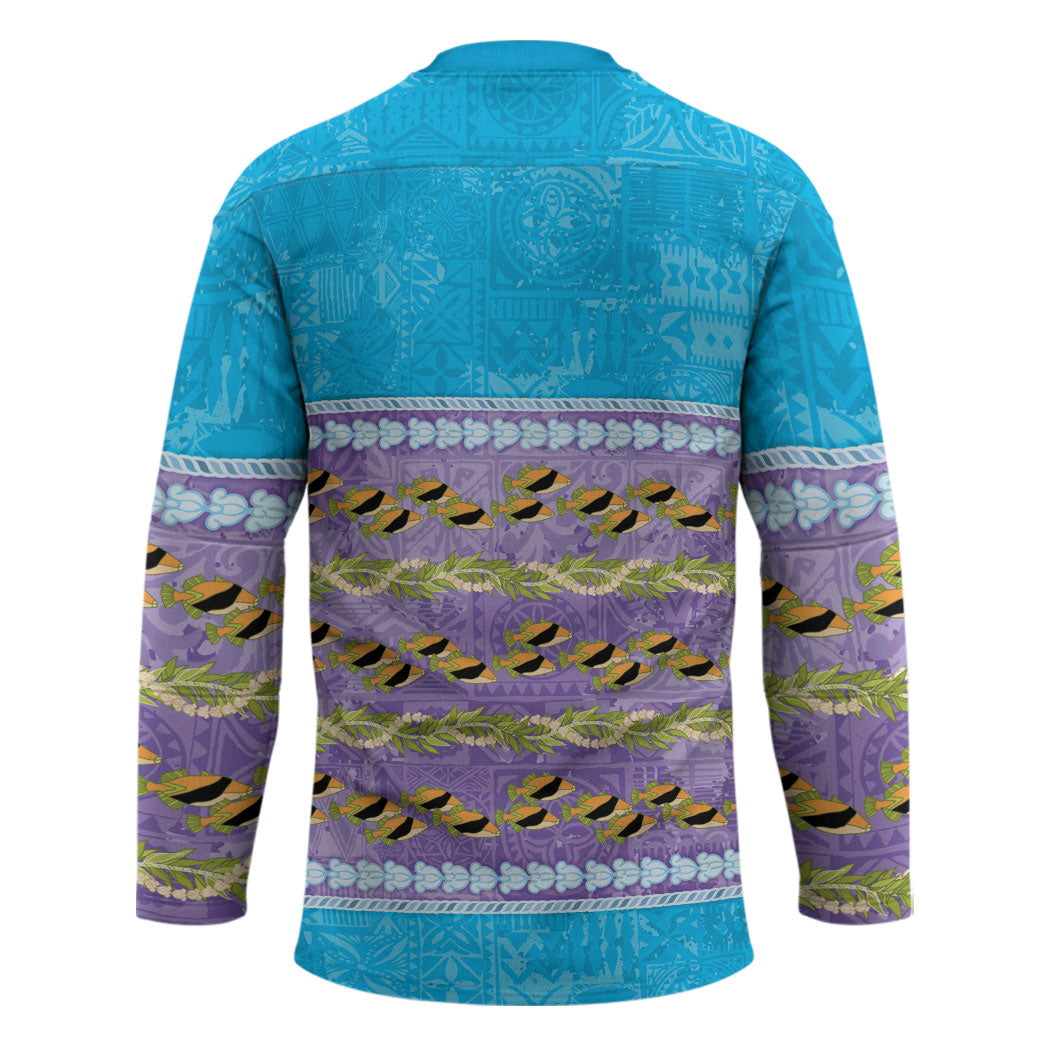 Hawaii Humuhumu Fish Maile Pikake Lei Hockey Jersey Tribal Tapa Blue Version