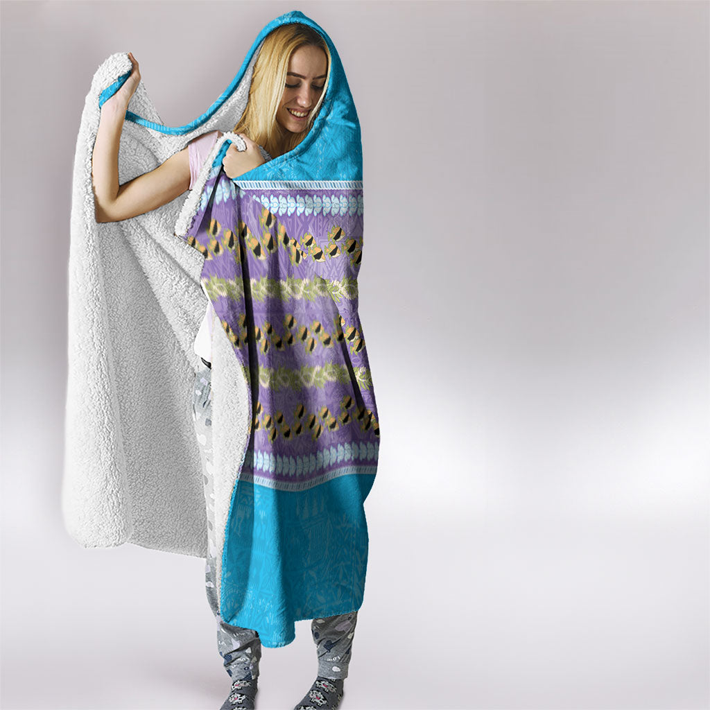 Hawaii Humuhumu Fish Maile Pikake Lei Hooded Blanket Tribal Tapa Blue Version