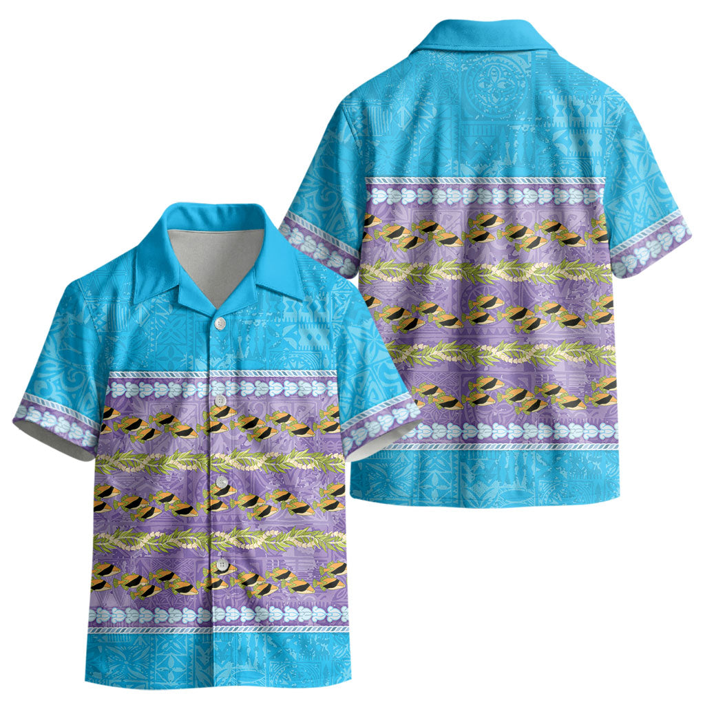 Hawaii Humuhumu Fish Maile Pikake Lei Kid Hawaiian Shirt Tribal Tapa Blue Version
