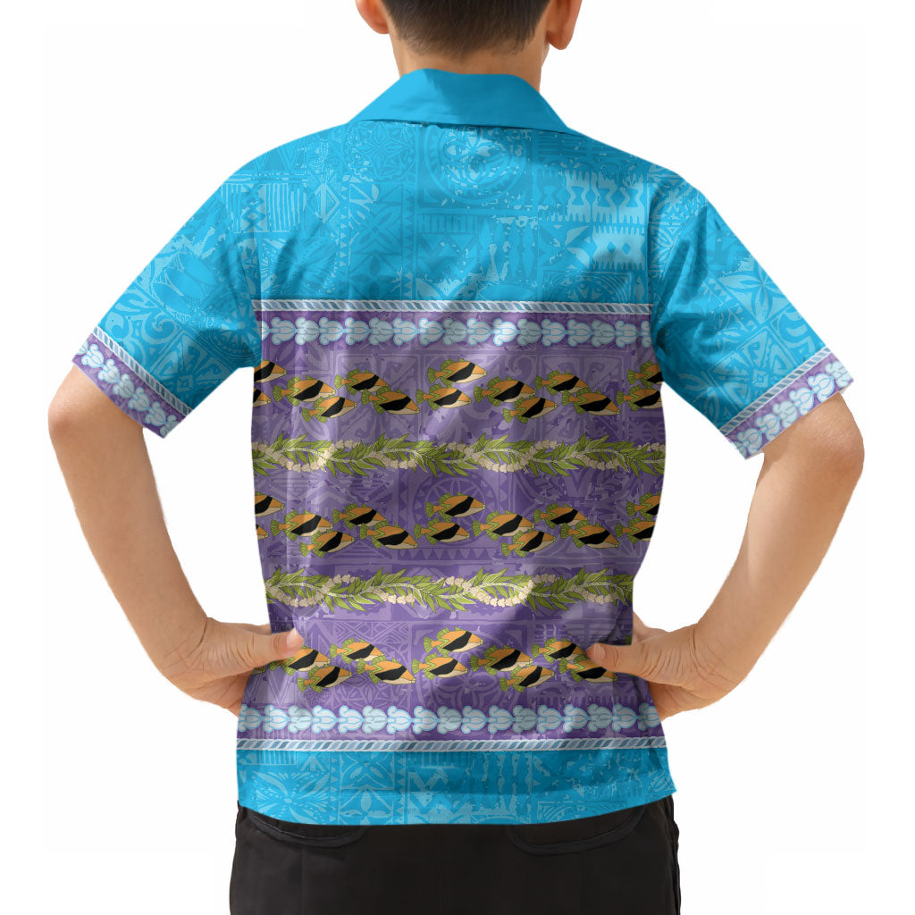 Hawaii Humuhumu Fish Maile Pikake Lei Kid Hawaiian Shirt Tribal Tapa Blue Version