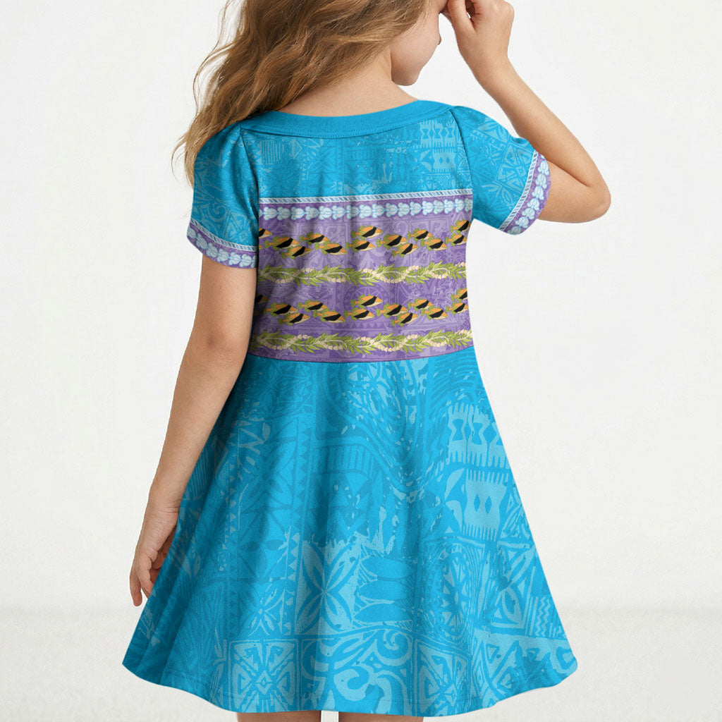 Hawaii Humuhumu Fish Maile Pikake Lei Kid Short Sleeve Dress Tribal Tapa Blue Version