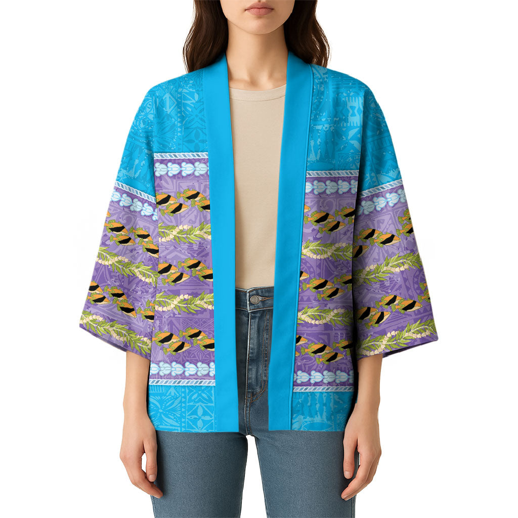Hawaii Humuhumu Fish Maile Pikake Lei Kimono Tribal Tapa Blue Version