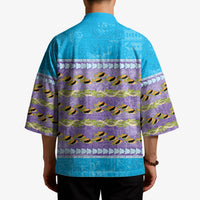 Hawaii Humuhumu Fish Maile Pikake Lei Kimono Tribal Tapa Blue Version