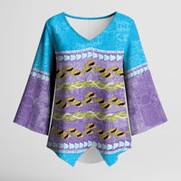 Hawaii Humuhumu Fish Maile Pikake Lei Kimono Sleeve Blouse Tribal Tapa Blue Version