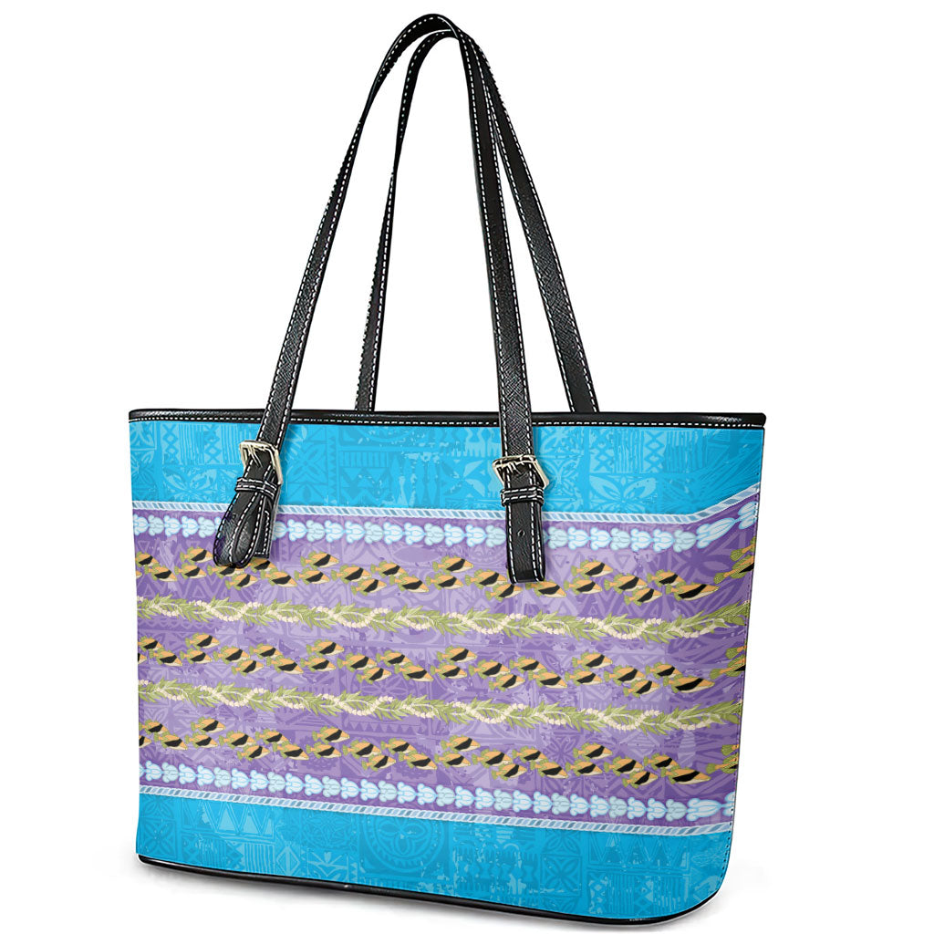 Hawaii Humuhumu Fish Maile Pikake Lei Leather Tote Bag Tribal Tapa Blue Version