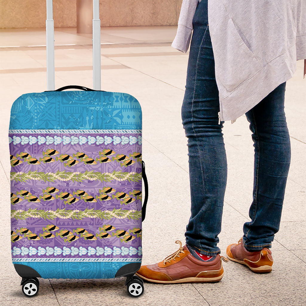 Hawaii Humuhumu Fish Maile Pikake Lei Luggage Cover Tribal Tapa Blue Version