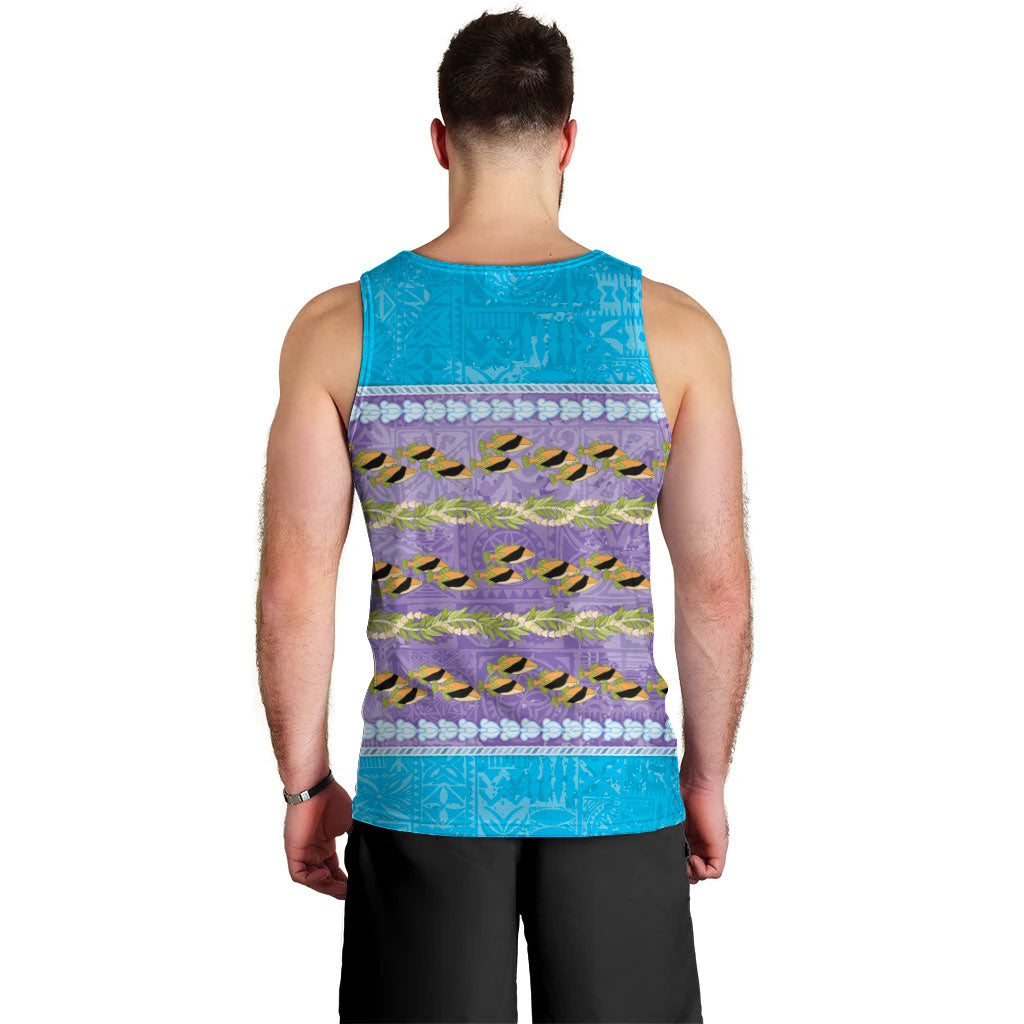 Hawaii Humuhumu Fish Maile Pikake Lei Men Tank Top Tribal Tapa Blue Version