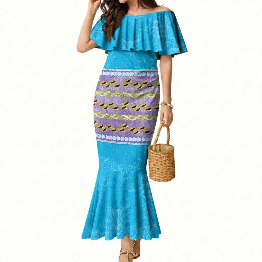 Hawaii Humuhumu Fish Maile Pikake Lei Mermaid Dress Tribal Tapa Blue Version