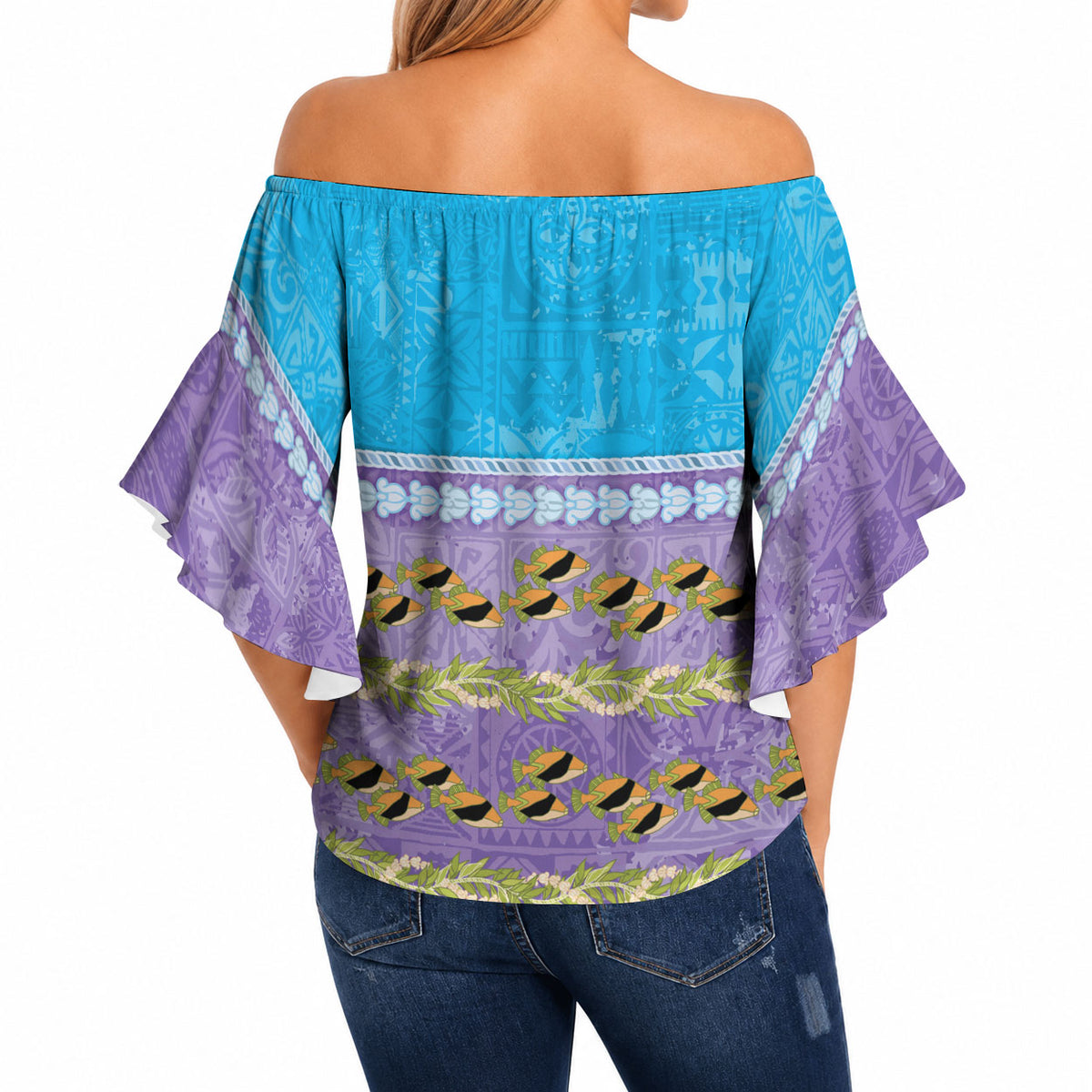 Hawaii Humuhumu Fish Maile Pikake Lei Off Shoulder Wrap Waist Top Tribal Tapa Blue Version LT05 - Polynesian Pride
