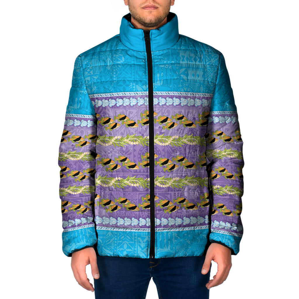 Hawaii Humuhumu Fish Maile Pikake Lei Padded Jacket Tribal Tapa Blue Version LT05 Men Blue - Polynesian Pride