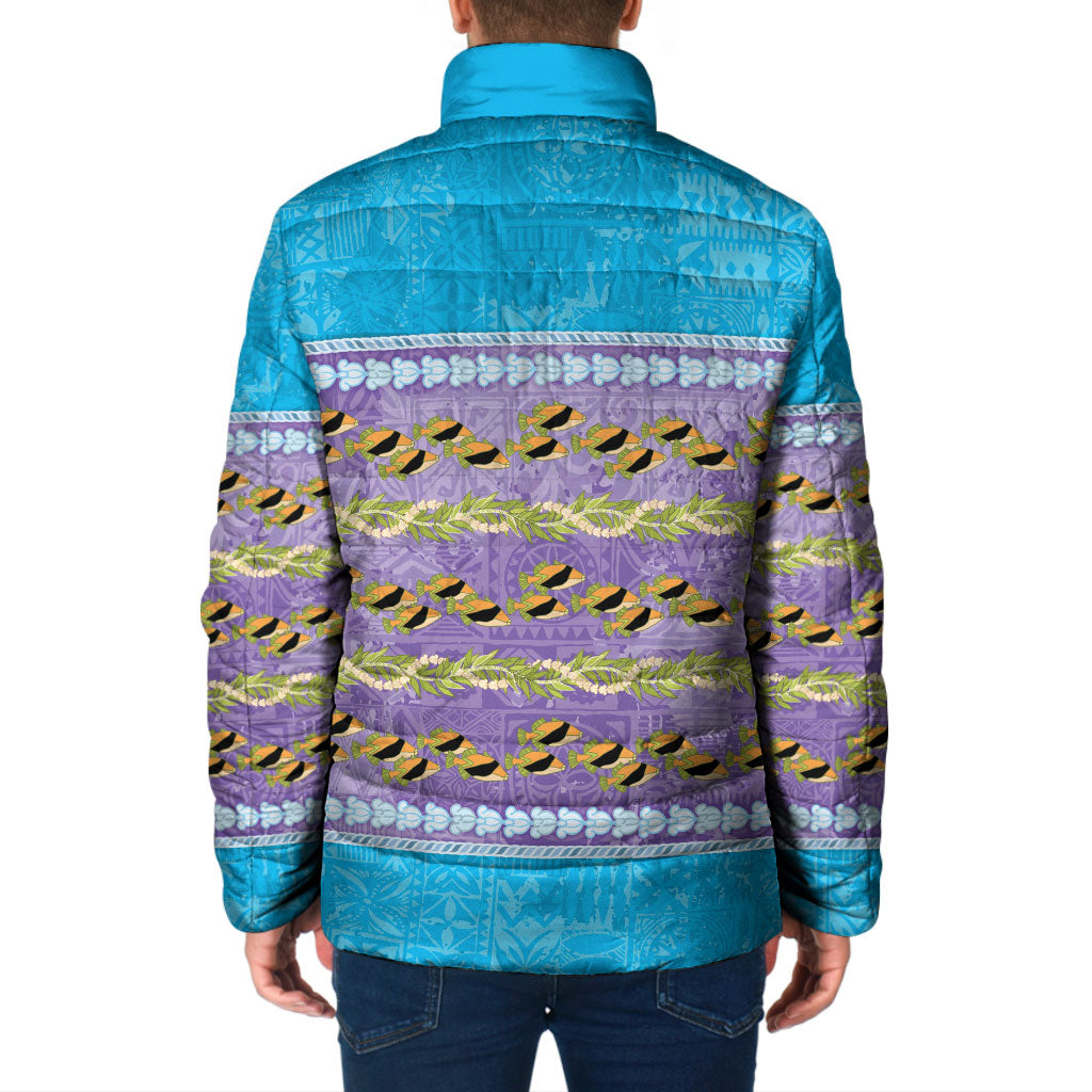 Hawaii Humuhumu Fish Maile Pikake Lei Padded Jacket Tribal Tapa Blue Version