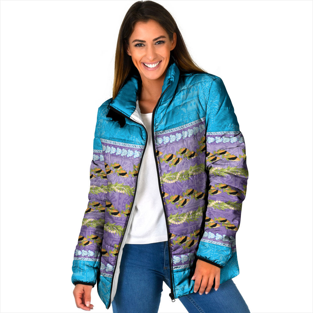 Hawaii Humuhumu Fish Maile Pikake Lei Padded Jacket Tribal Tapa Blue Version