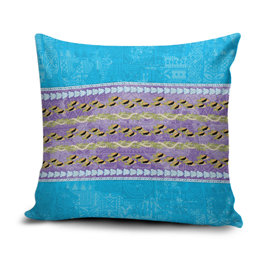 Hawaii Humuhumu Fish Maile Pikake Lei Pillow Cover Tribal Tapa Blue Version