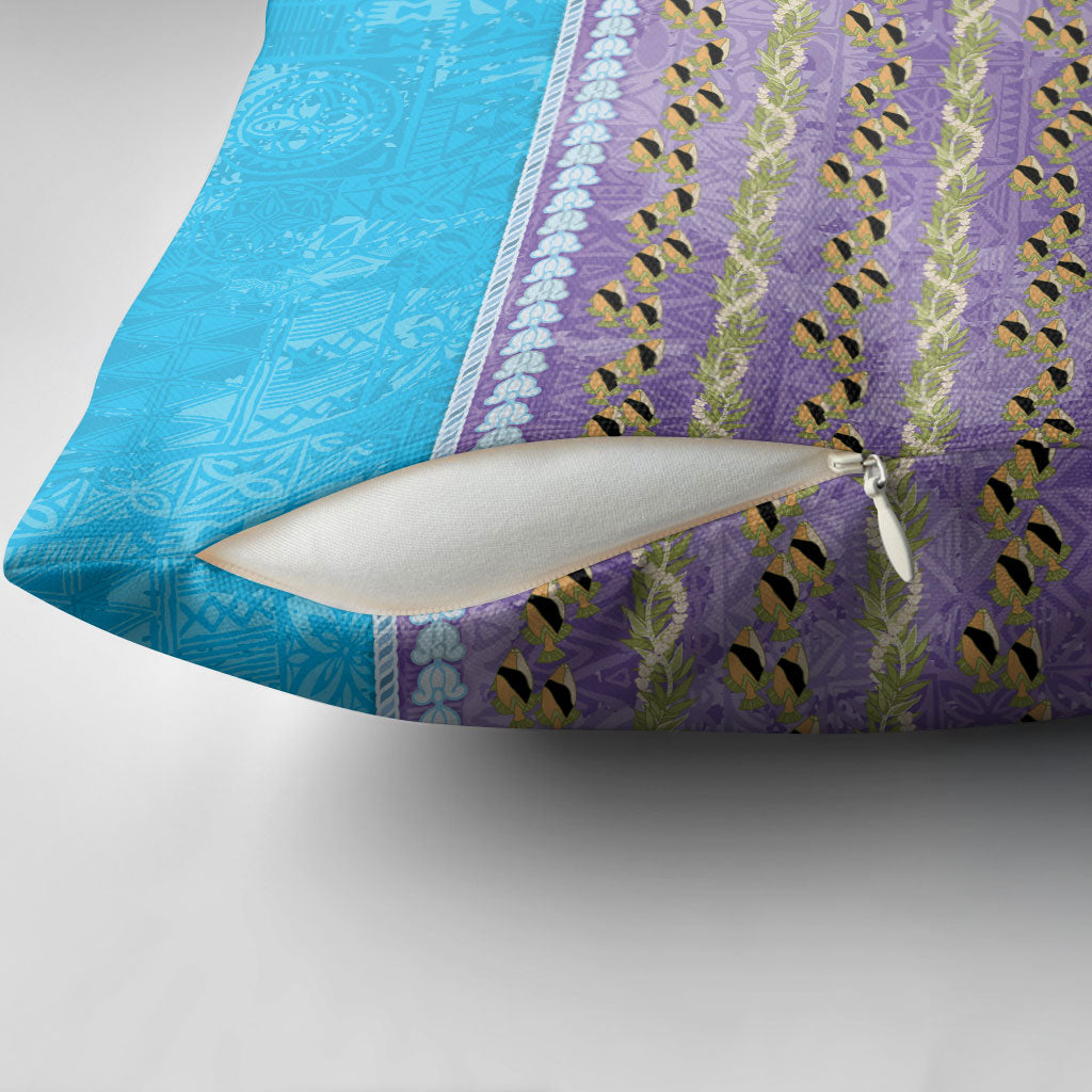 Hawaii Humuhumu Fish Maile Pikake Lei Pillow Cover Tribal Tapa Blue Version