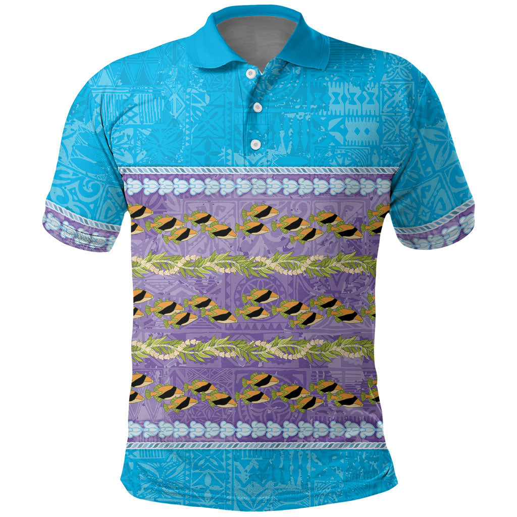 Hawaii Humuhumu Fish Maile Pikake Lei Polo Shirt Tribal Tapa Blue Version