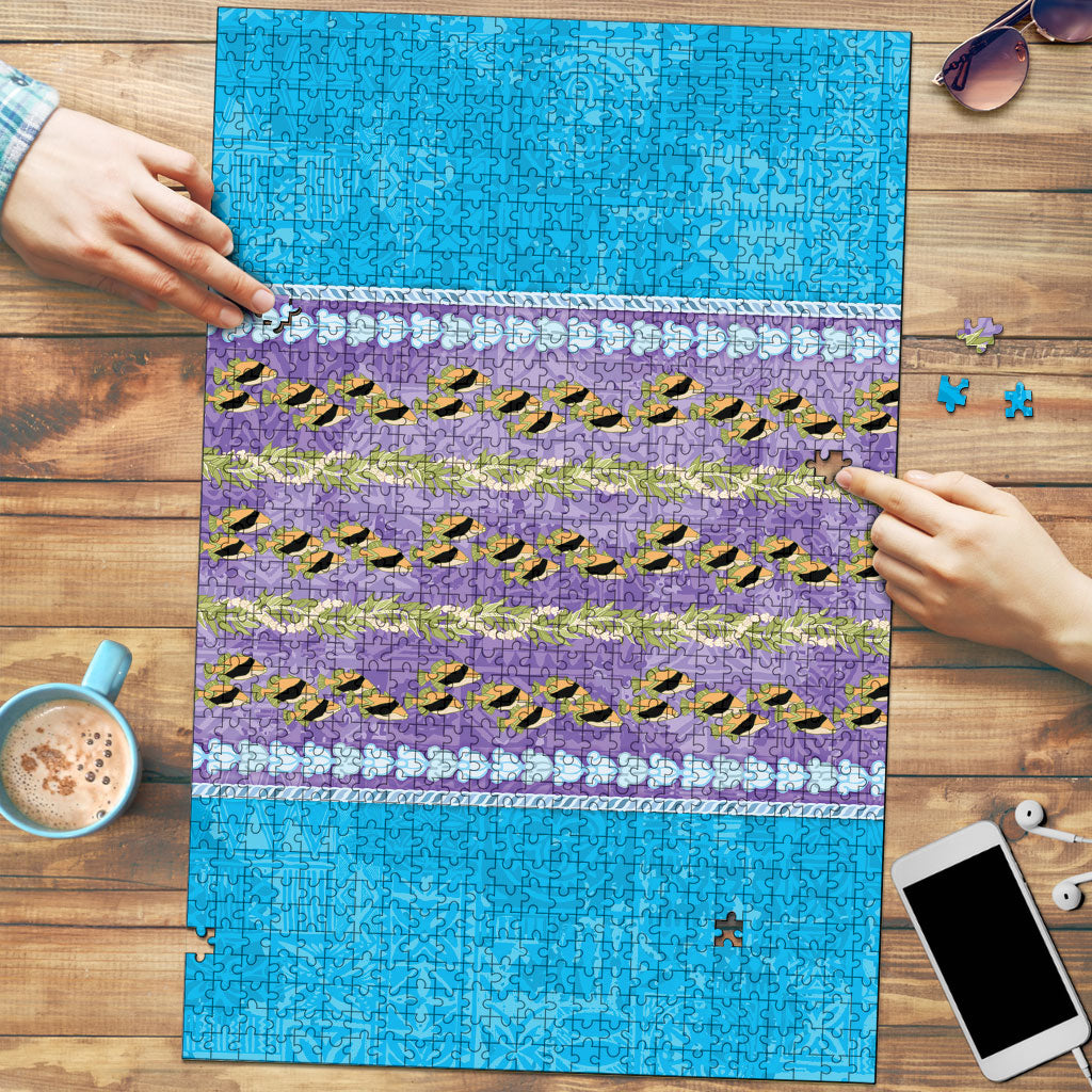 Hawaii Humuhumu Fish Maile Pikake Lei Puzzle Tribal Tapa Blue Version