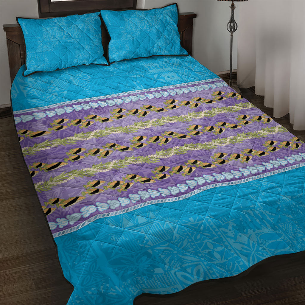 Hawaii Humuhumu Fish Maile Pikake Lei Quilt Bed Set Tribal Tapa Blue Version
