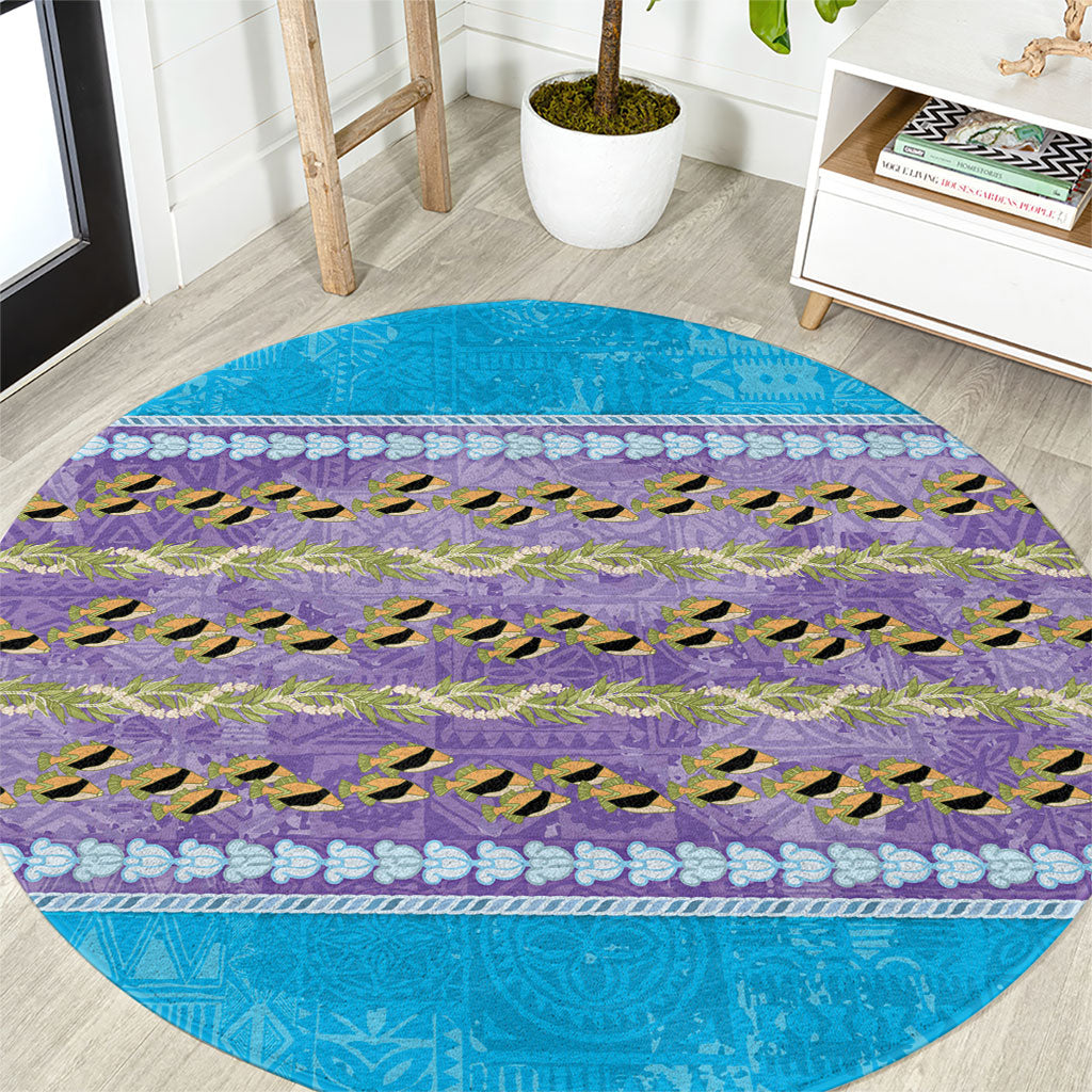 Hawaii Humuhumu Fish Maile Pikake Lei Round Carpet Tribal Tapa Blue Version